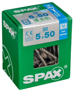 SPAX Edelstahlschraube, 5 x 50 mm, 50 Stück, Teilgewinde, Senkkopf, T-STAR plus T20, 4CUT, Edelstahl rostfrei A2, 4197000500507